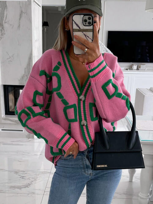 Geometric Dropped Shoulder Button Down Cardigan-Teresa's Fashionista LLC