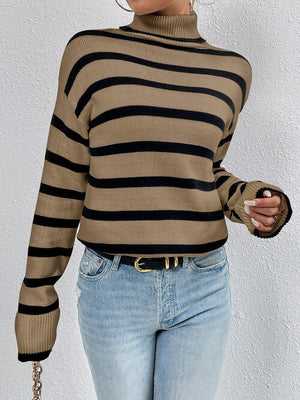 Striped Turtleneck Long Sleeve Sweater-Teresa's Fashionista LLC