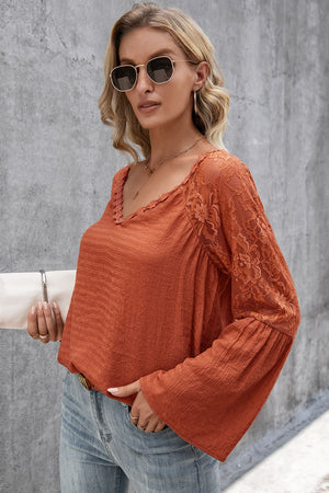 V-Neck Spliced Lace Flare Sleeve Top-Teresa's Fashionista LLC