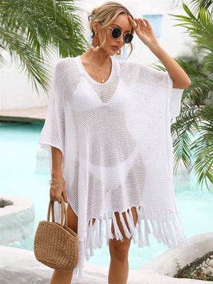 Fringe Trim Dolman Sleeve Openwork Cover-Up-Teresa's Fashionista LLC