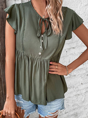 Buttoned Tie Neck Flutter Sleeve Babydoll Top-Teresa's Fashionista LLC