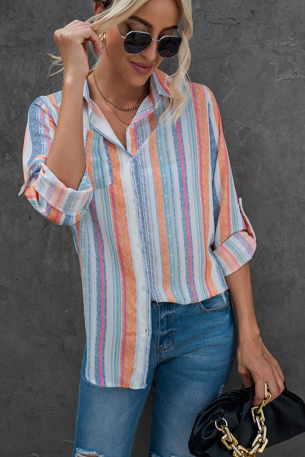 Striped Button-Up Curved Hem Shirt with Breast Pocket-Teresa's Fashionista LLC