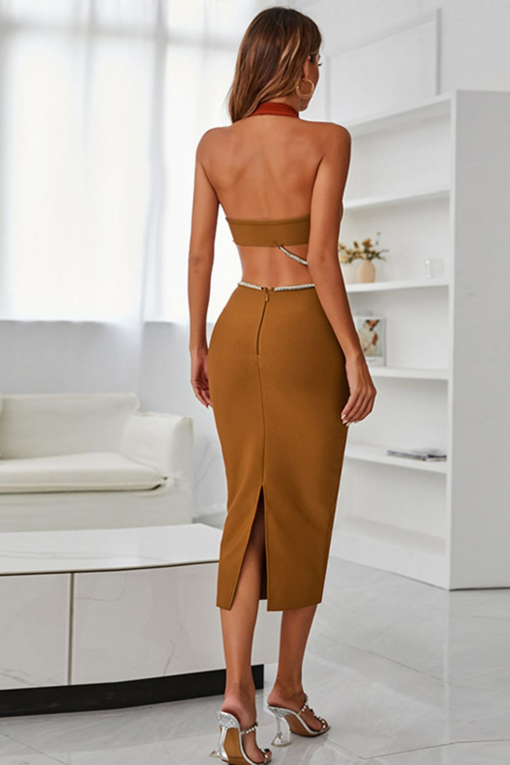 Rhinestone halter neck cutout slit midi dress, classy formal style, sleeveless, highly stretchy, back view.