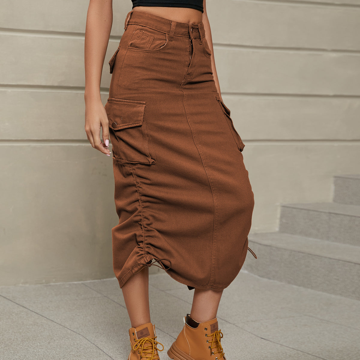 Drawstring Ruched Slit Denim Midi Skirt-Teresa&#39;s Fashionista LLC