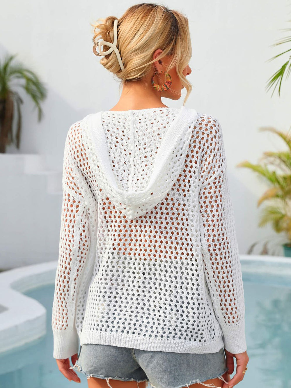 Flower Graphic Lace-Up Openwork Hooded Cover Up-Teresa's Fashionista LLC