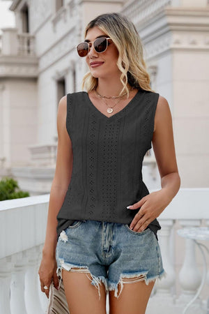 Eyelet V-Neck Tank-Teresa's Fashionista LLC