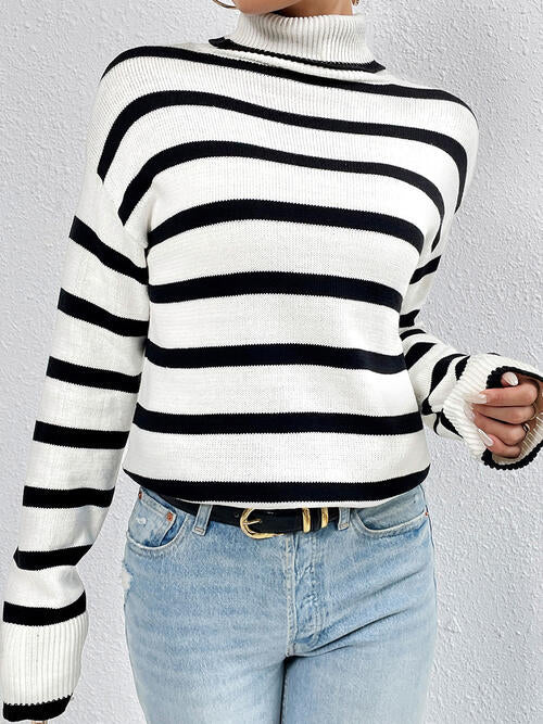 Striped Turtleneck Long Sleeve Sweater-Teresa's Fashionista LLC