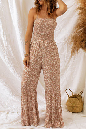 Floral spaghetti strap smocked wide leg jumpsuit, classy and sleeveless.
