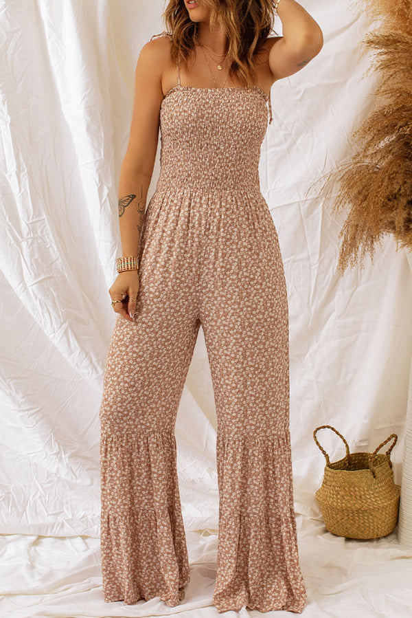 Floral spaghetti strap smocked wide leg jumpsuit, classy and sleeveless.
