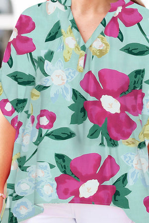 Plus Size Printed Notched Neck Half Sleeve Top-Teresa's Fashionista LLC