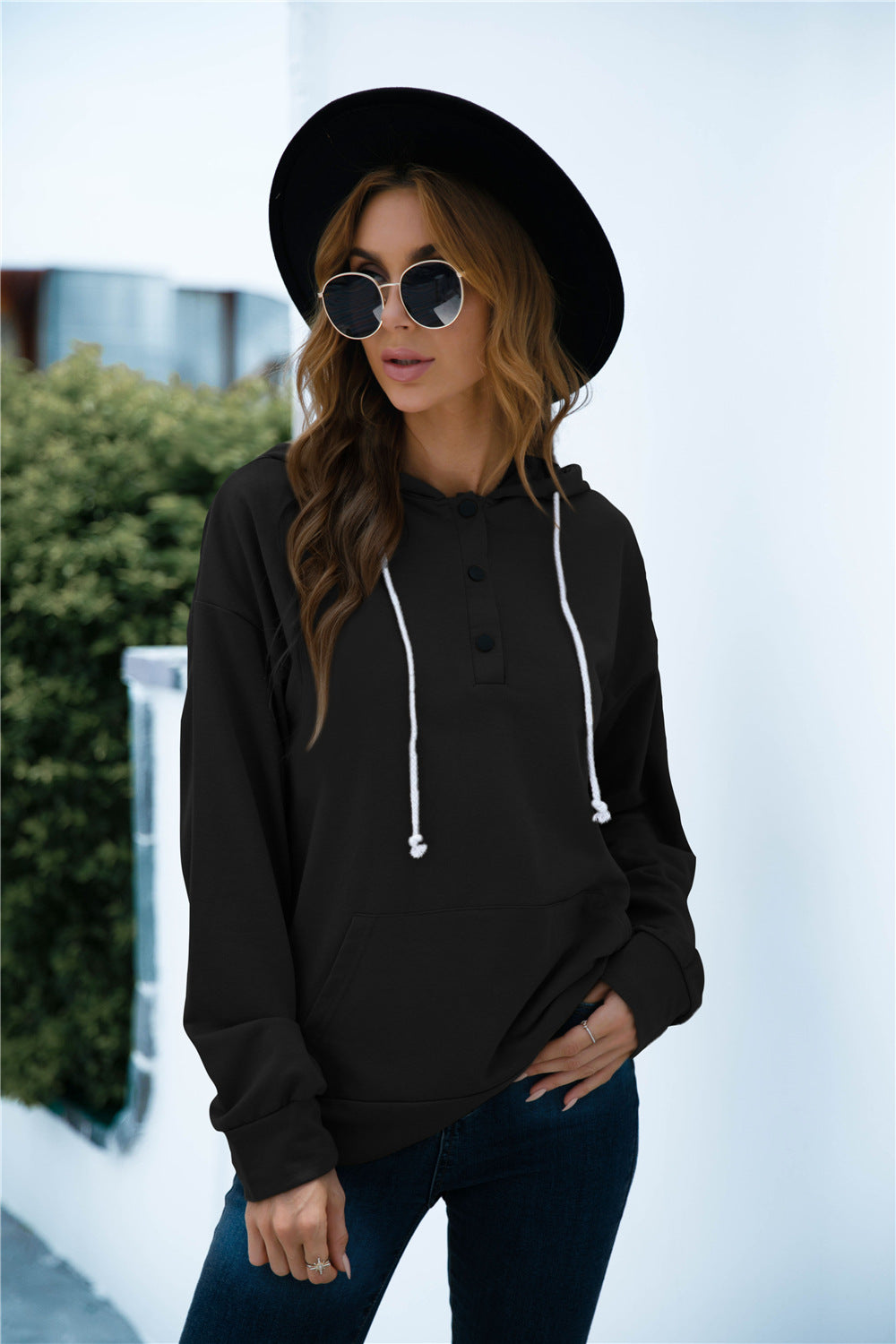 Quarter Snap Drawstring Hoodie with Kangaroo Pocket-Teresa&#39;s Fashionista LLC