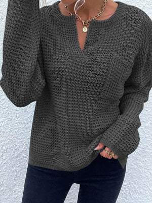 Notched Long Sleeve Sweater-Teresa's Fashionista LLC