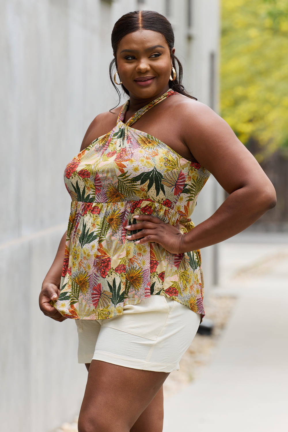 Be Stage Full Size Floral Halter Top in Green-Teresa&#39;s Fashionista LLC