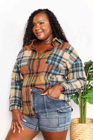 Double Take Plaid Curved Hem Shirt Jacket with Breast Pockets-Teresa's Fashionista LLC