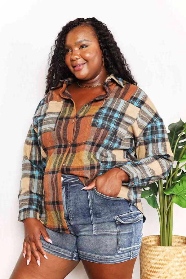 Double Take Plaid Curved Hem Shirt Jacket with Breast Pockets-Teresa's Fashionista LLC