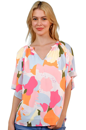 Printed Notched Neck Half Sleeve Blouse-Teresa's Fashionista LLC