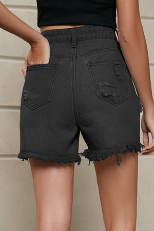 Fringe Trim Distressed Denim Shorts with Pockets-Teresa's Fashionista LLC