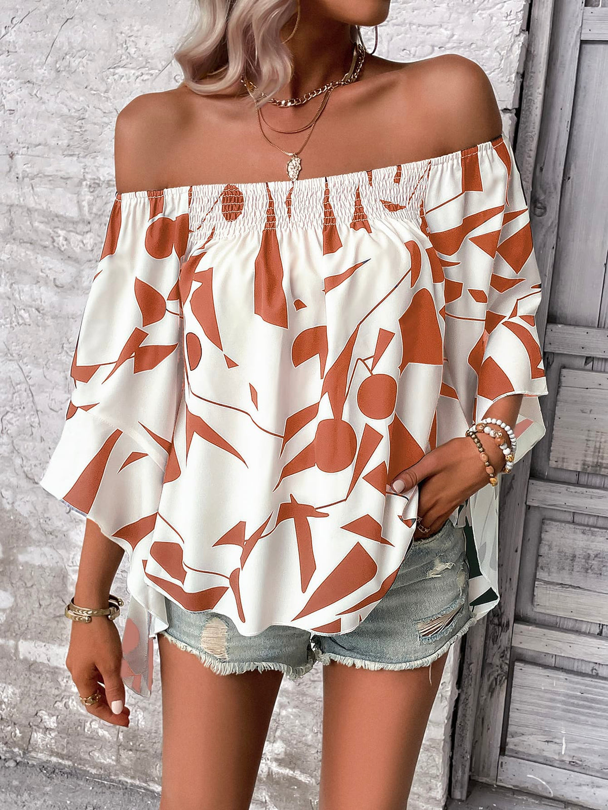 Printed Off-Shoulder Bell Sleeve Blouse-Teresa&#39;s Fashionista LLC