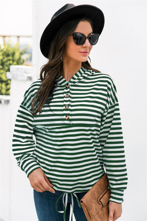 Striped Half-Button Dropped Shoulder Hoodie-Teresa's Fashionista LLC