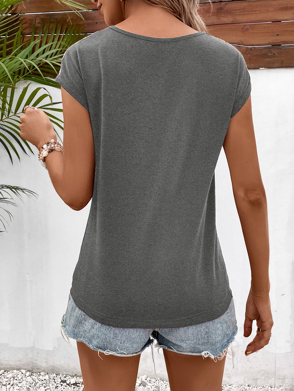 Spliced Lace V-Neck Twisted Hem Tee-Teresa's Fashionista LLC