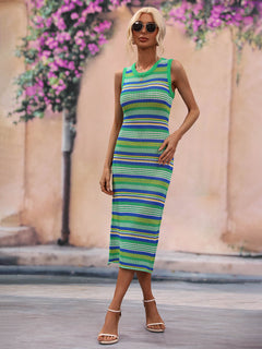 Striped Round Neck Sleeveless Midi Cover Up Dress-Teresa's Fashionista LLC