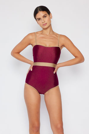 Marina West Swim Wave Break Contrast Trim One-Piece in Wine-Teresa's Fashionista LLC