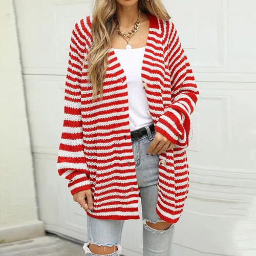 Striped Button Down Long Sleeve Cardigan-Teresa's Fashionista LLC