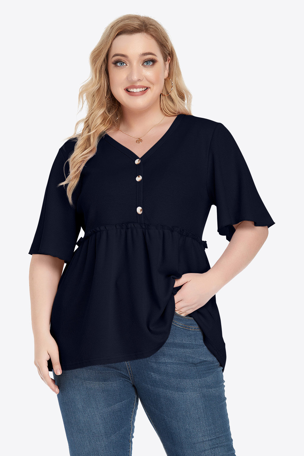 Plus Size Buttoned V-Neck Frill Trim Babydoll Blouse-Teresa&#39;s Fashionista LLC