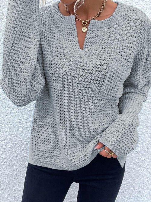 Notched Long Sleeve Sweater-Teresa's Fashionista LLC