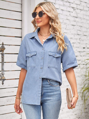 Collared Neck Short Sleeve Denim Jacket-Teresa's Fashionista LLC