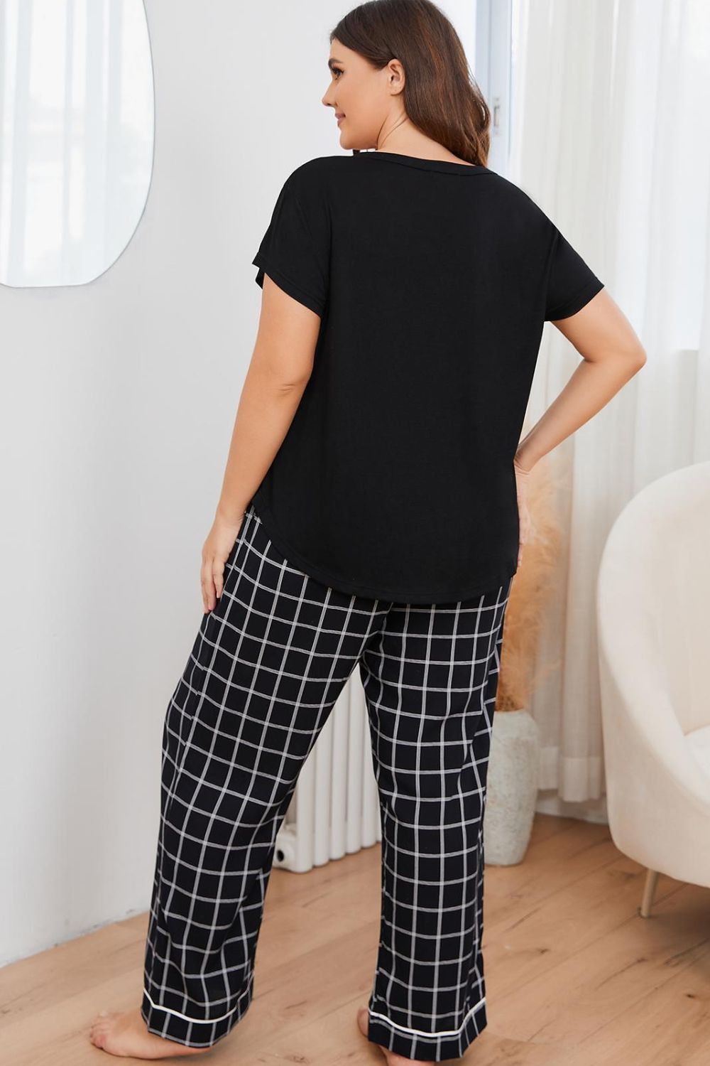 Plus Size V-Neck Top and Plaid Pants Lounge Set-Teresa's Fashionista LLC