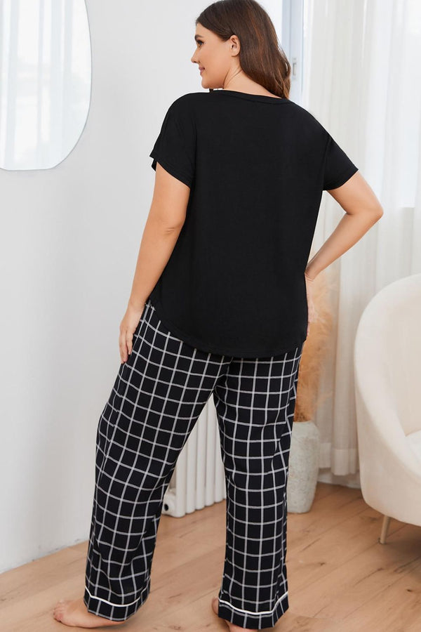 Plus Size V-Neck Top and Plaid Pants Lounge Set-Teresa's Fashionista LLC
