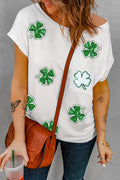 Sequin Lucky Clover Boat Neck T-Shirt-Teresa's Fashionista LLC