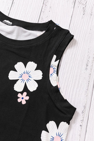 Printed side slit round neck tank, sleeveless with floral pattern.