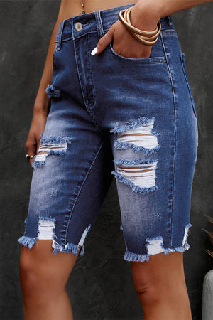 Distressed Frayed Hem Denim Bermuda Shorts-Teresa's Fashionista LLC