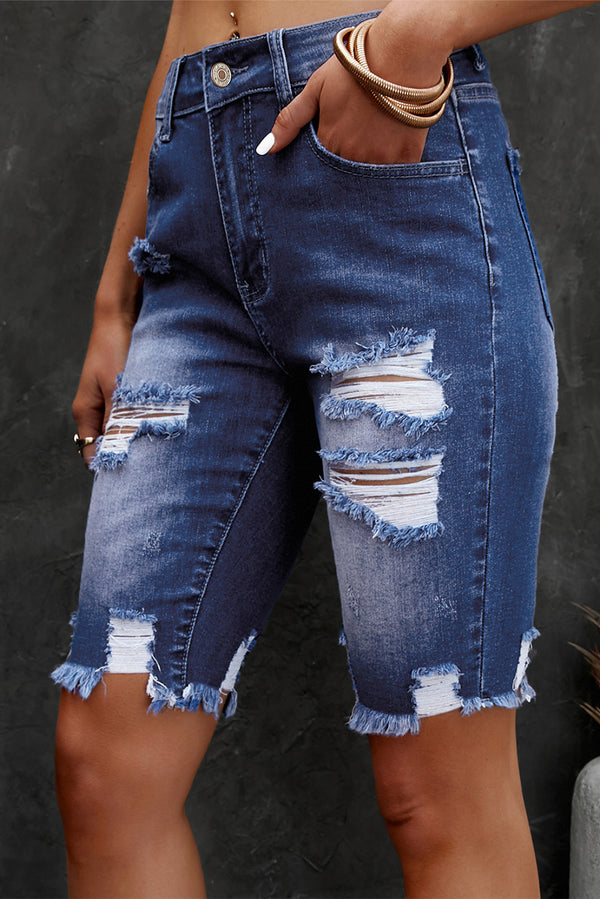 Distressed Frayed Hem Denim Bermuda Shorts-Teresa's Fashionista LLC