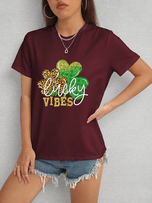 LUCKY VIBES Round Neck Short Sleeve T-Shirt-Teresa's Fashionista LLC