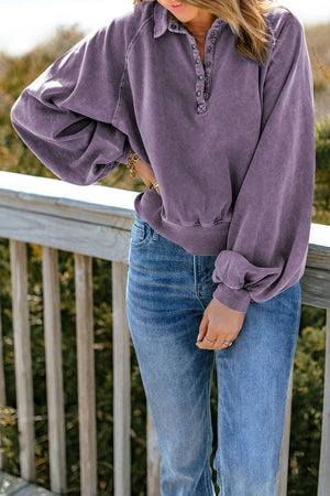 Quarter-Snap Collared Lantern Sleeve Sweatshirt-Teresa's Fashionista LLC