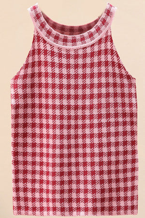 Plaid Round Neck Sleeveless Knit Top-Teresa's Fashionista LLC