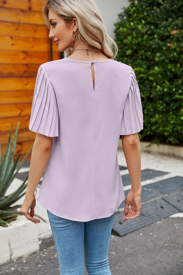 Pleated Flutter Sleeve Round Neck Blouse-Teresa's Fashionista LLC