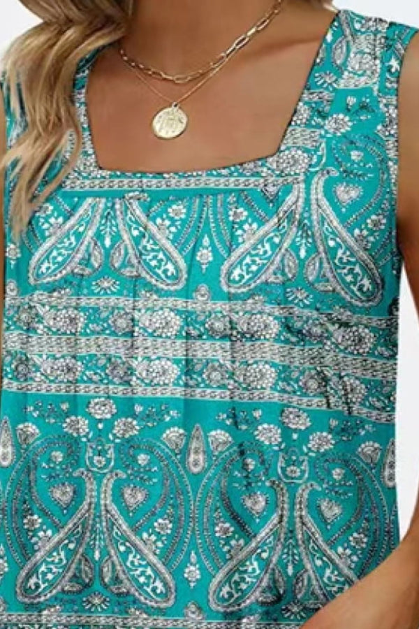 Printed Square Neck Curved Hem Tank-Teresa's Fashionista LLC
