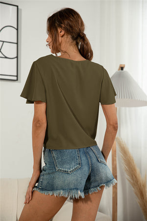 Decorative Button V-Neck Tied Blouse-Teresa's Fashionista LLC