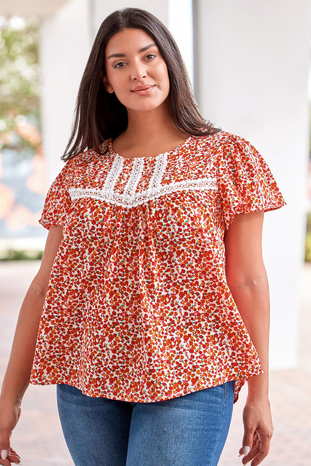 Plus Size Floral Lace Trim Round Neck Blouse-Teresa&#39;s Fashionista LLC