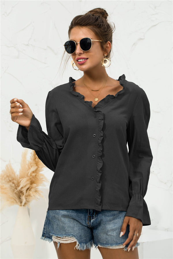 Frill Trim V-Neck Flounce Sleeve Shirt-Teresa's Fashionista LLC