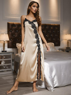Contrast Lace Trim Spaghetti Strap Split Night Gown-Teresa's Fashionista LLC