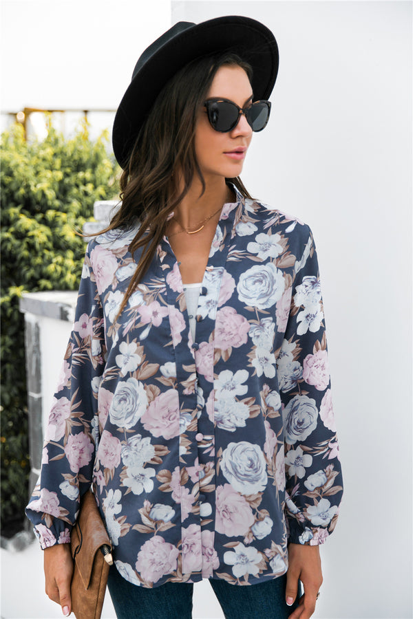 Floral Print Mock Neck Button Front Shirt-Teresa's Fashionista LLC