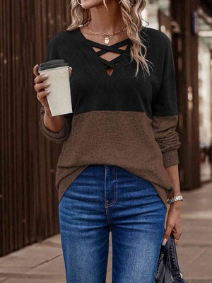 Two-Tone Crisscross Detail Sweatshirt-Teresa's Fashionista LLC
