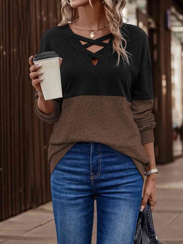 Two-Tone Crisscross Detail Sweatshirt-Teresa's Fashionista LLC