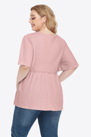 Plus Size Buttoned V-Neck Frill Trim Babydoll Blouse-Teresa's Fashionista LLC