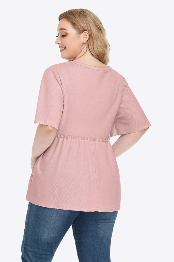 Plus Size Buttoned V-Neck Frill Trim Babydoll Blouse-Teresa's Fashionista LLC